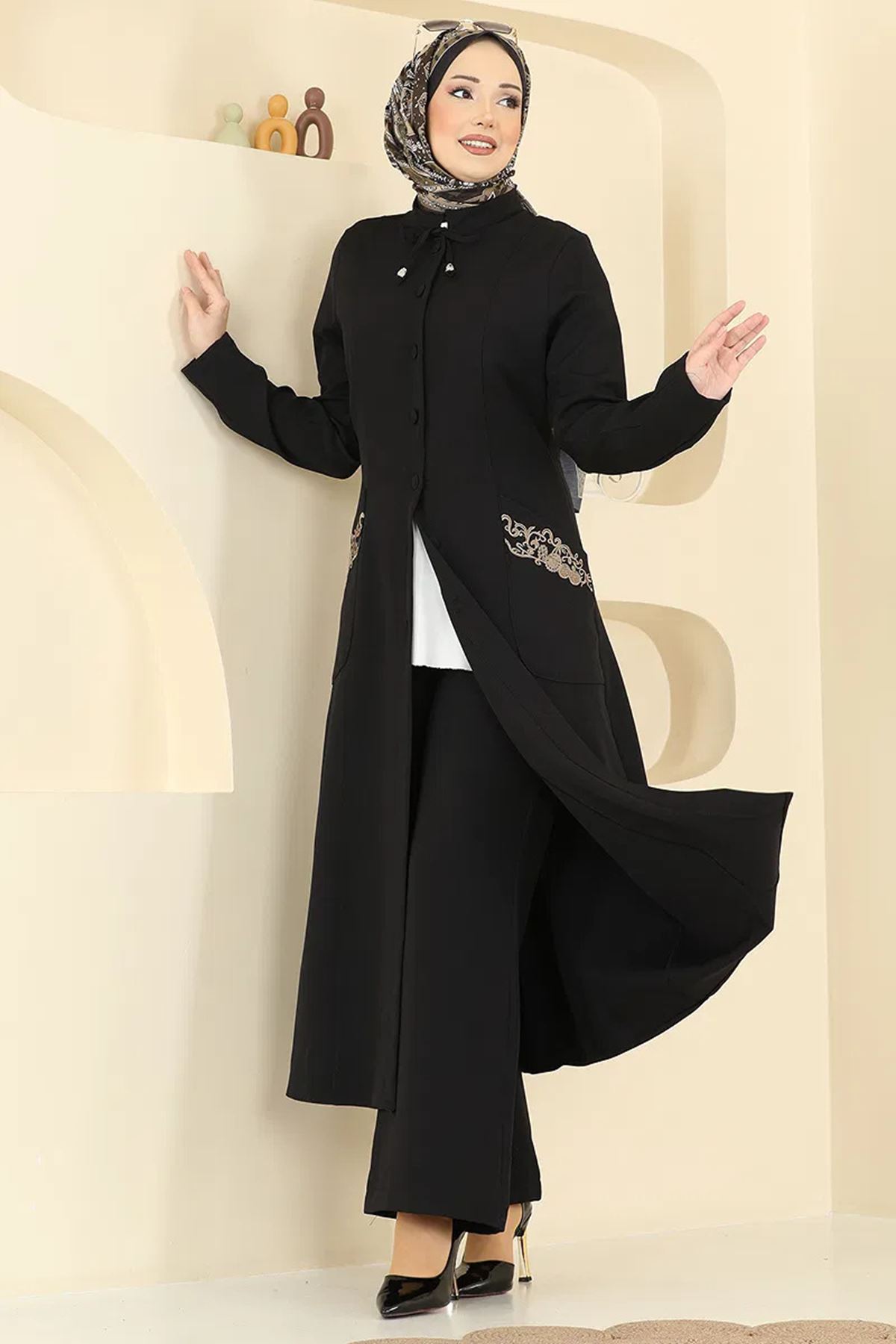 Nakışlı Detaylı 2 Li Takım Siyah