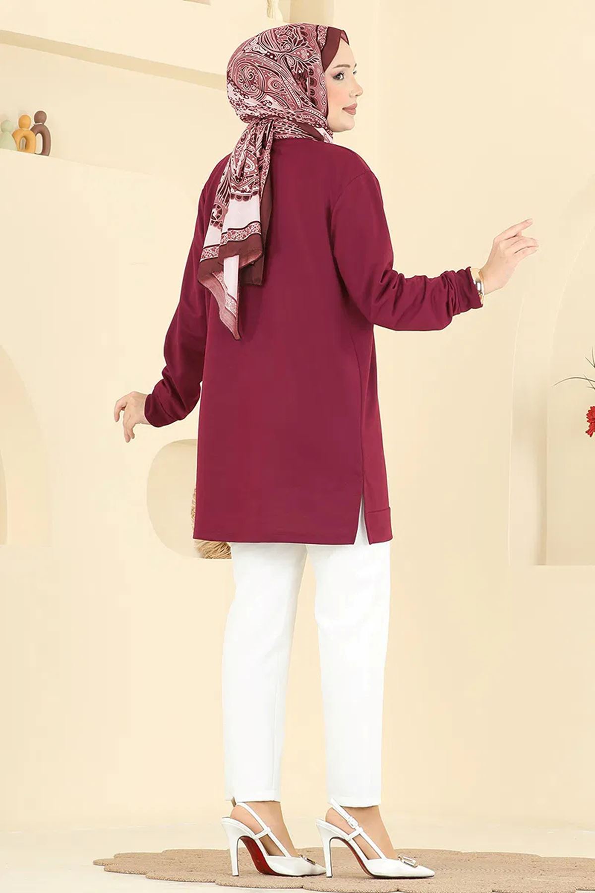 Yaprak Desenli Tunik Bordo