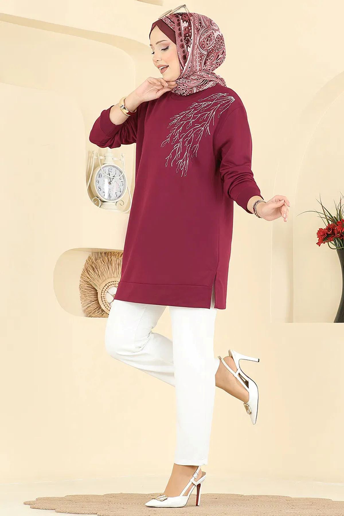 Yaprak Desenli Tunik Bordo