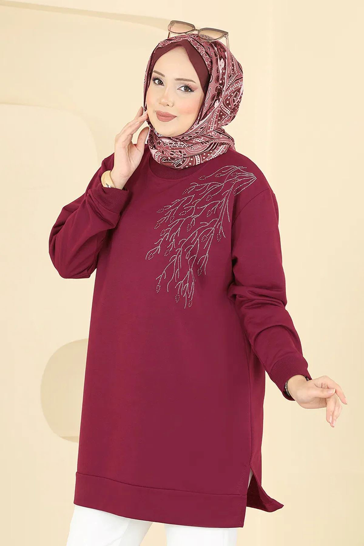 Yaprak Desenli Tunik Bordo