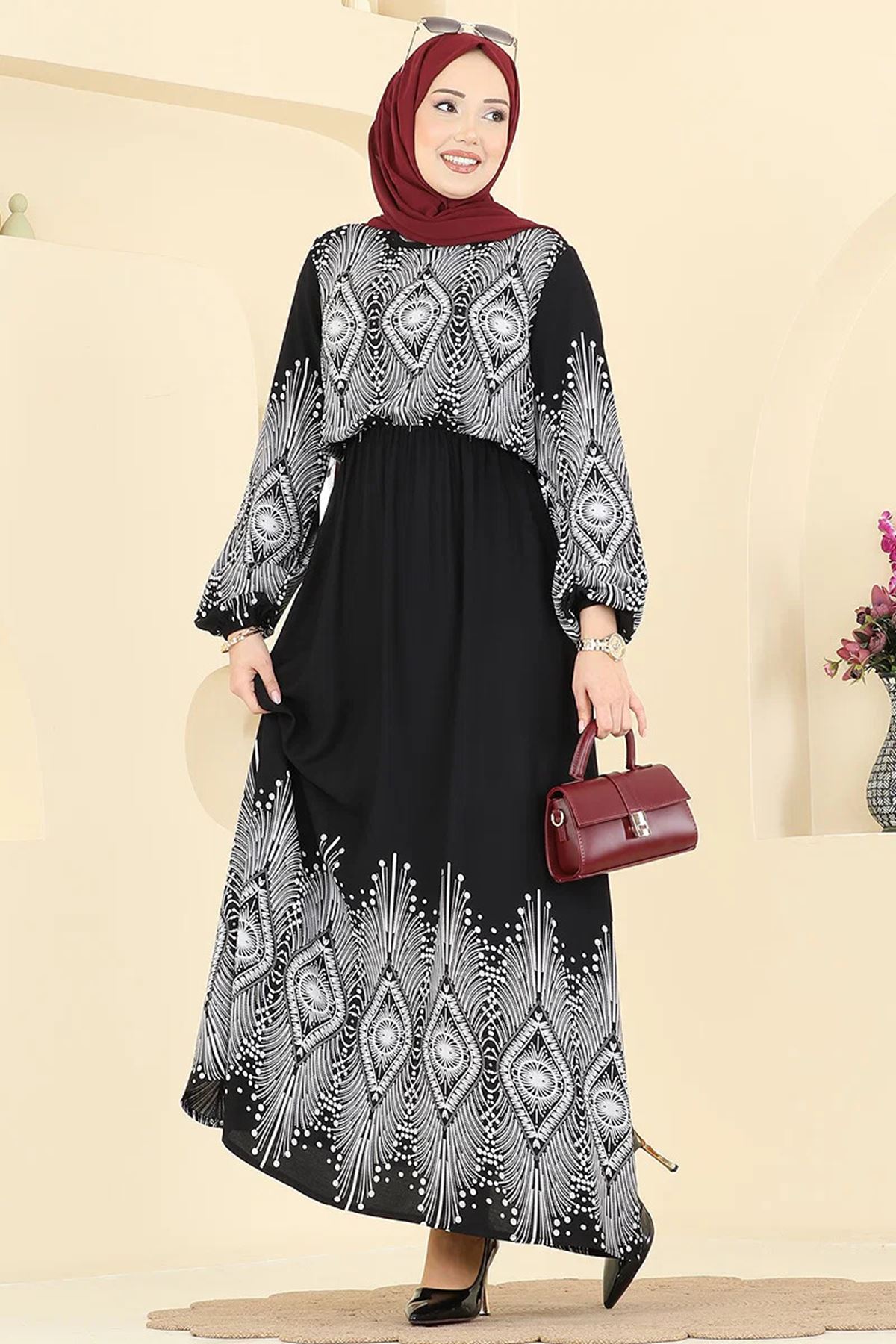 Desenli Viskon Elbise Siyah