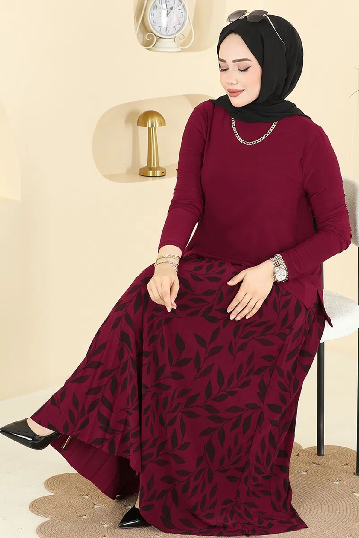 Desenli Etek Takım Bordo