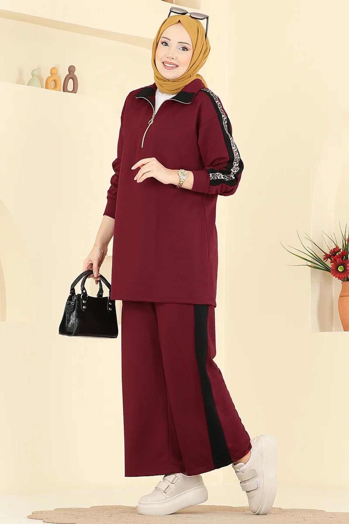 Leopar Desenli Takım Bordo