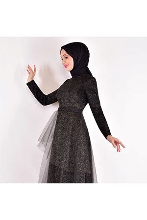 Eteği Katlı Tül Abiye Siyah