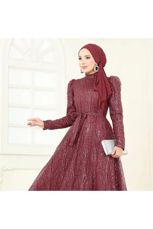 Beli Bağcıklı Simli Tül Abiye Bordo
