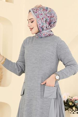 Yanları Piliseli Triko Elbise - Gri