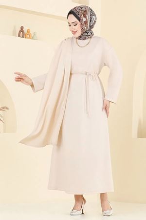 Şal Detay Kemerli Elbise - Bej