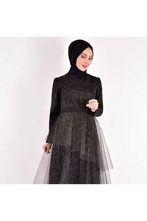 Eteği Katlı Tül Abiye Siyah