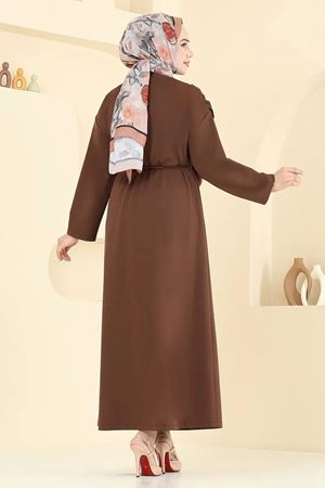 Şal Detay Kemerli Elbise - Kahve
