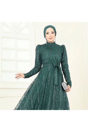 Beli Bağcıklı Simli Tül Abiye Zümrüt