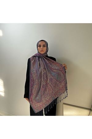 Etnik Desen Mavi Püsküllü Kaşmir Şal