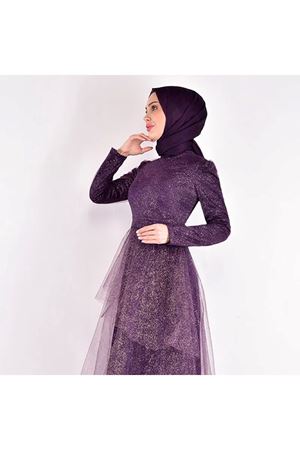 Eteği Katlı Tül Abiye Mor