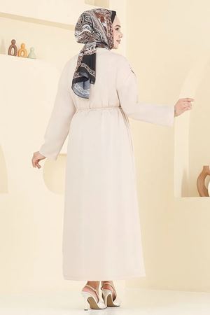 Şal Detay Kemerli Elbise - Bej