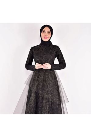 Eteği Katlı Tül Abiye Siyah