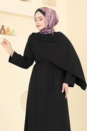 Şal Detay Kemerli Elbise - Siyah