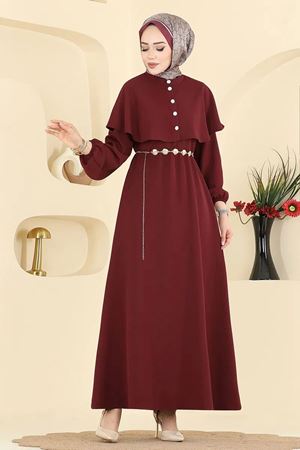 Pelerinli Elbise - Bordo