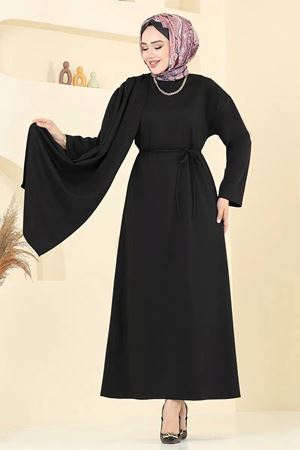 Şal Detay Kemerli Elbise - Siyah