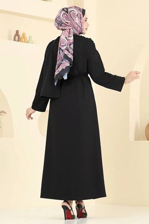 Şal Detay Kemerli Elbise - Siyah