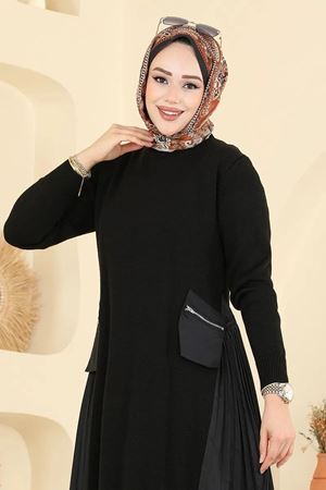 Yanları Piliseli Triko Elbise - Siyah