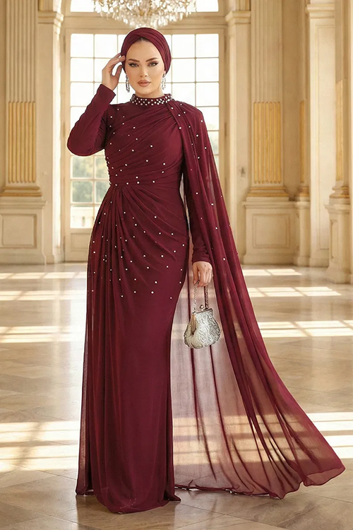 Pelerinli Tül Abiye Bordo