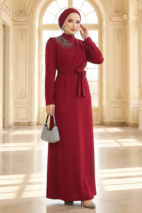 Önü Taş Detaylı Krep Abiye Elbise Bordo