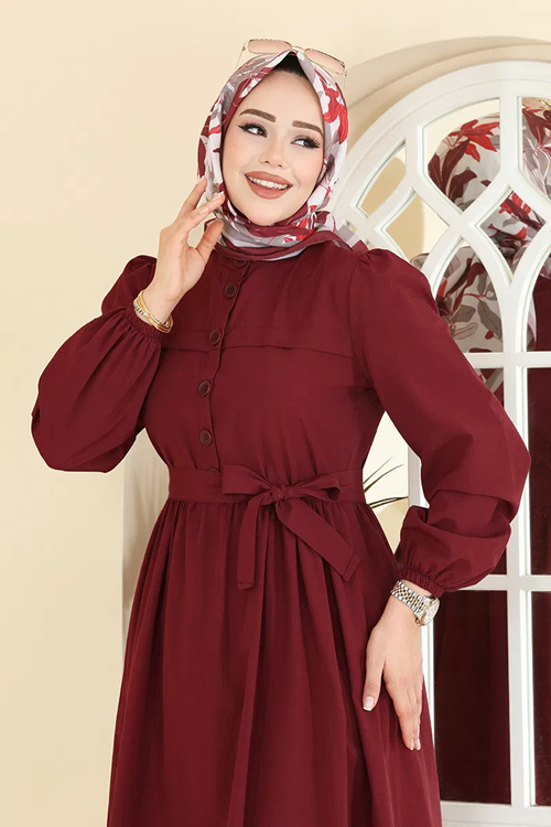 Kuşaklı Terikoton Elbise Bordo