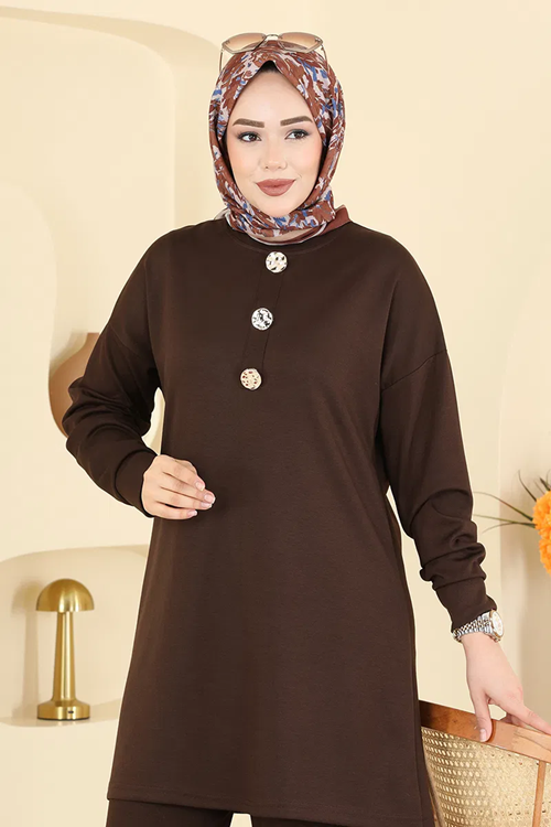 Gold Düğmeli Şık Takım Kahve