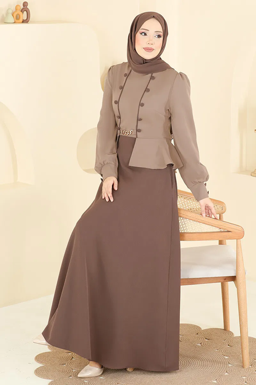 Ceket Detaylı Dabıl Elbise Koyu Vizyon&Kahve