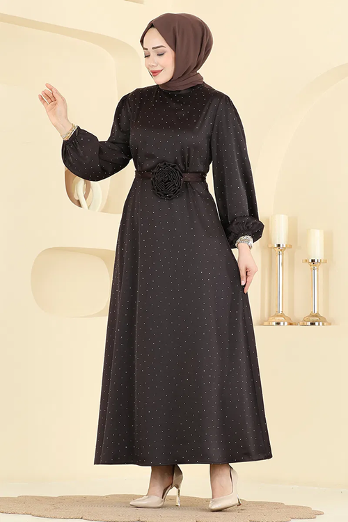 Kemerli Saten Abiye Kahve