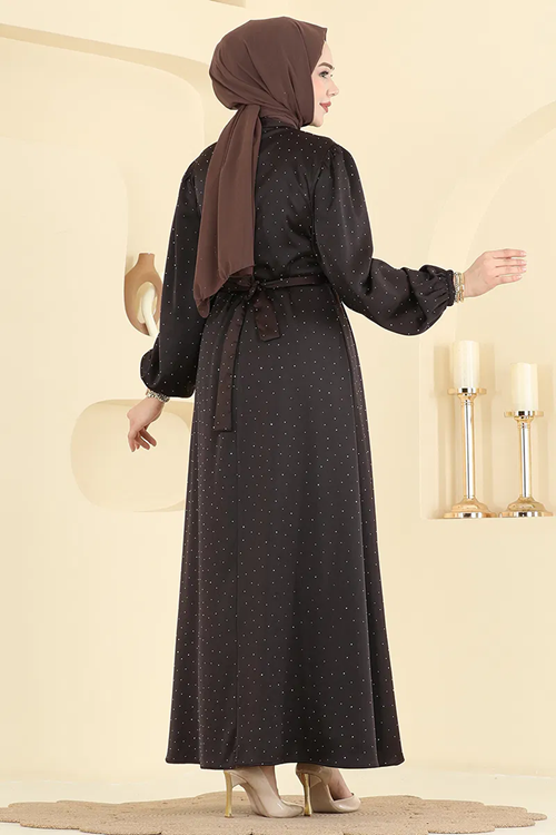 Kemerli Saten Abiye Kahve