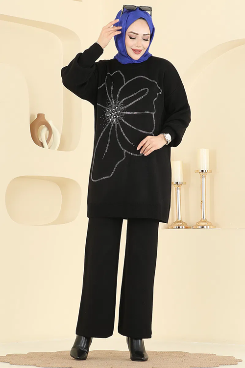 Taş Detaylı Triko Takım Siyah