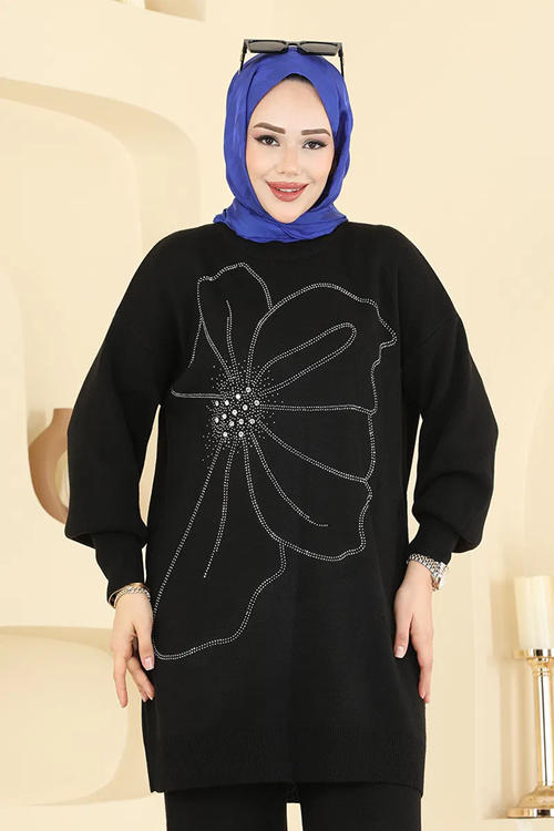 Taş Detaylı Triko Takım Siyah