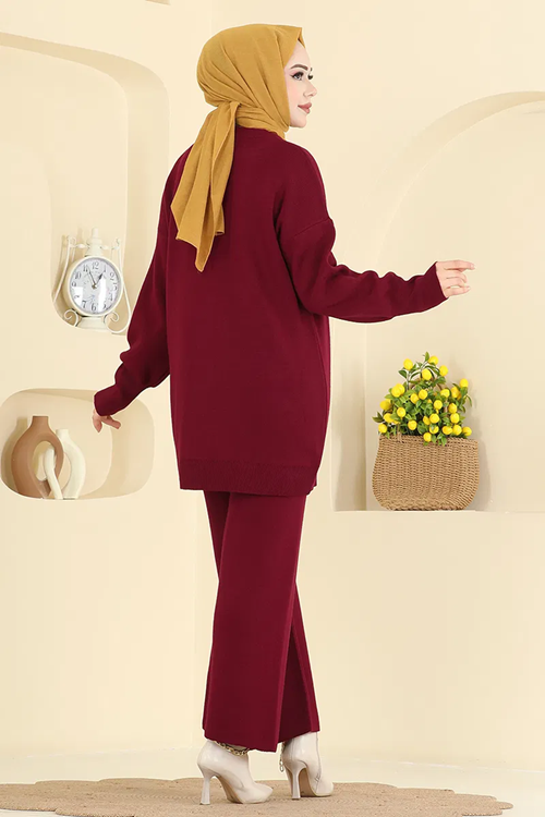 Taş Detaylı Triko Takım Bordo