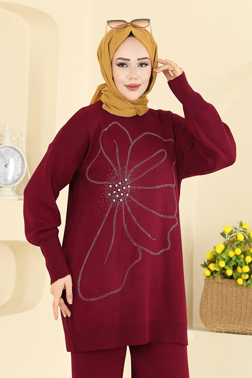 Taş Detaylı Triko Takım Bordo
