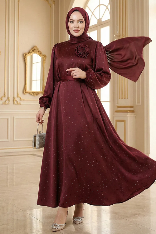 Kemerli Saten Abiye Bordo