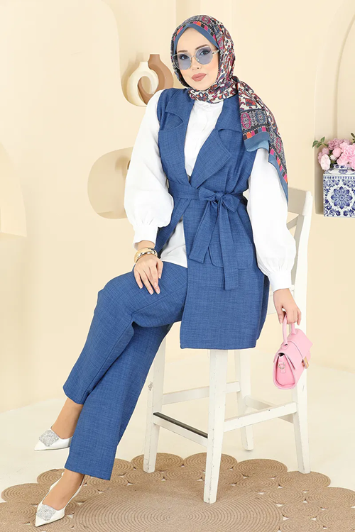 Yelekli Üçlü Takım İndigo