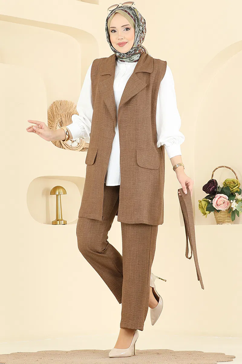 Yelekli Üçlü Takım Kahve