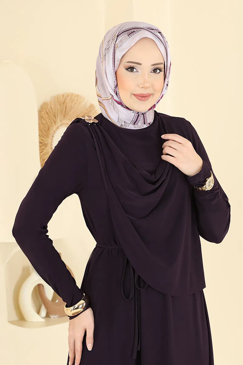 Toka Aksesuar Detaylı Sandy Elbise Mürdüm