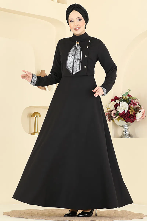 Fularlı Dabıl Elbise Siyah