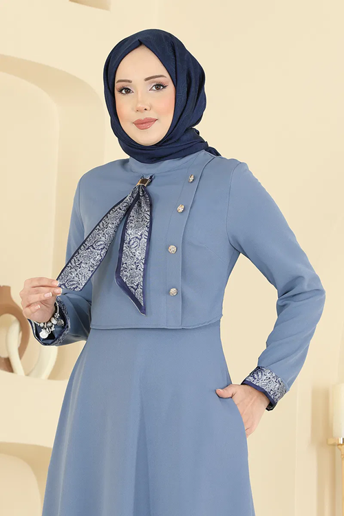 Fularlı Dabıl Elbise Mavi