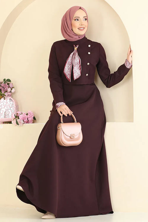 Fularlı Dabıl Elbise Koyu Mürdüm