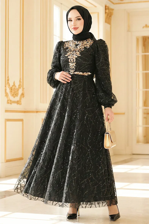 Pul Detaylı Abiye Siyah