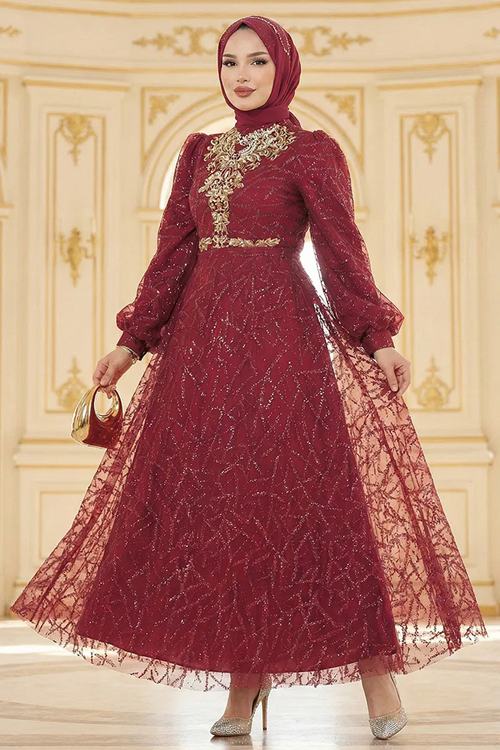 Pul Detaylı Abiye Bordo