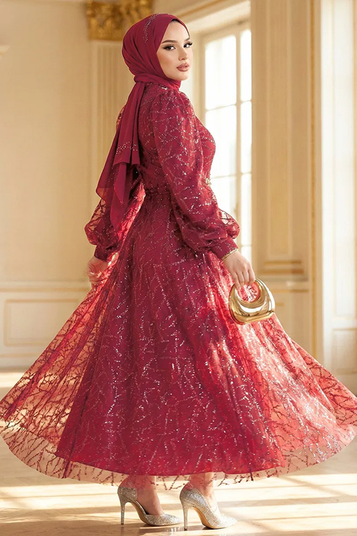 Pul Detaylı Abiye Bordo