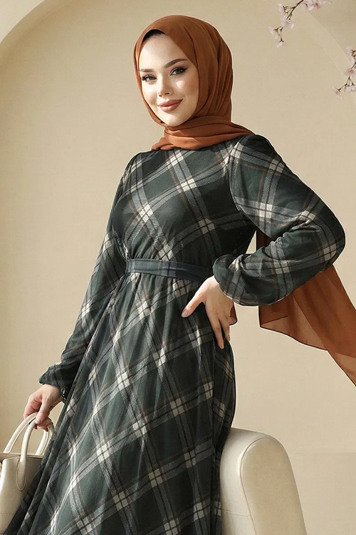 Ekose Tül Elbise Haki