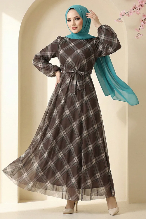 Ekose Tül Elbise Kahve