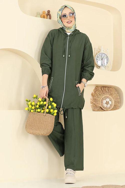 Cepleri Taş Detaylı Takım Haki