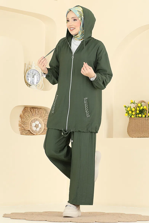 Cepleri Taş Detaylı Takım Haki