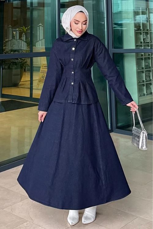 Pile Detaylı Kot Takım Koyu Kot