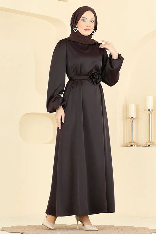 Gül Aksesuarlı Saten Abiye Kahve